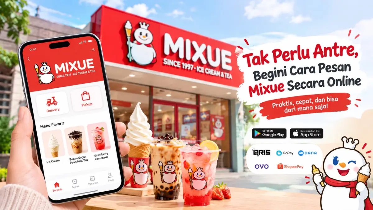 Ilustrasi pelanggan memilih menu Mixue melalui aplikasi untuk melakukan pemesanan secara online.