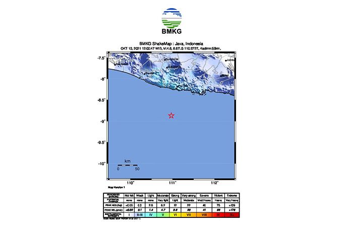 Gempa bumi dengan kedalaman 55 kilometer dan magnitudo mencapai 4.8 guncang Pacitan hingga terasa sampai Yogyakarta pada Rabu (13/10). (Istimewa via Radar Jogja)