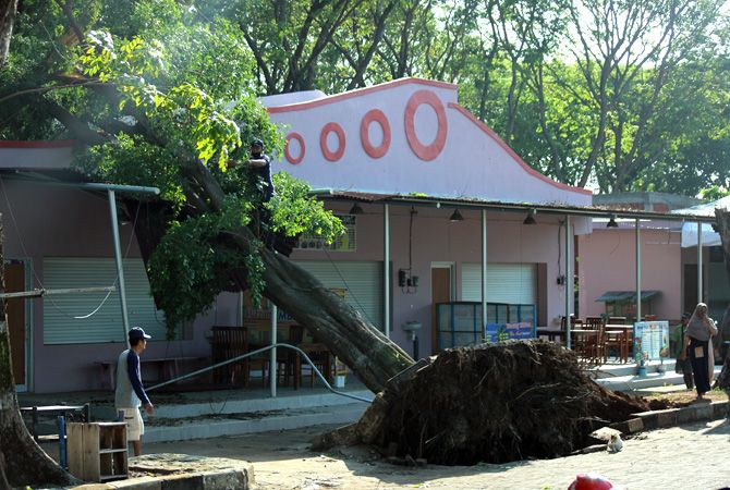 RUSAK: Pemilik kios di Pantai Kartini membersihkan bagian-bagian pohon yang ambruk menimpa kios mereka kemarin pagi (MOH. NUR SYAHRI MUHARROM/RADAR KUDUS)
