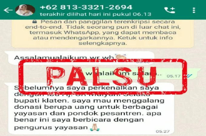 Pesan yang menggunakan aplikasi WhatsApp itu mengaku sebagai Sri Mulyani, Bupati Klaten. ANTARA/HO-Diskominfo Klaten