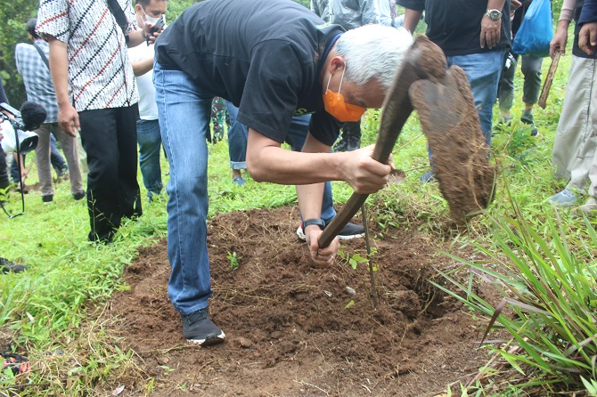 GUBERNUR MACUL: Ganjar ikut menanam pohon mahoni dalam agenda reboisasi lereng Muria di Jepara, kemarin. (NIBROS HASSANI/RADAR KUDUS)