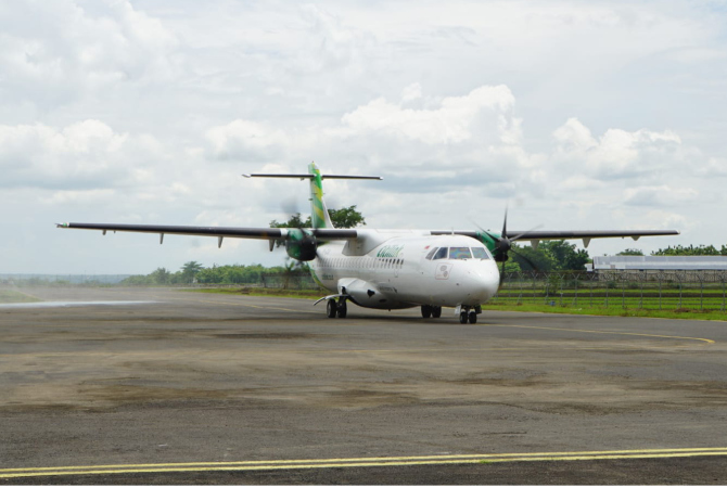 PENERBANGAN: Maskapai penerbangan Citilink saat mendarat di Bandara Ngloram, Cepu, Blora belum lama ini. (DOK. RADAR KUDUS)