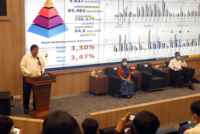 Menko Airlangga Hartarto saat menyampaikan keynote speech pada acara Kuliah Umum yang bertajuk Strategi Percepatan Pengembangan Digitalisasi dan Kewirausahaan Pada Mahasiswa di Universitas Islam Negeri Raden Fatah Palembang, Sabtu (5/3). (ekon for Radar K