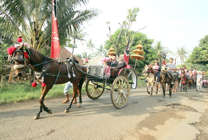 MERIAH: Saifuddin menunggangi kereta yang diikuti penunggang kuda sebagai pengiringnya menuju kediaman calon istrinya di Bulungan, Pakisaji, kemarin sore. (MOH. NUR SYAHRI MUHARROM/RADAR KUDUS)