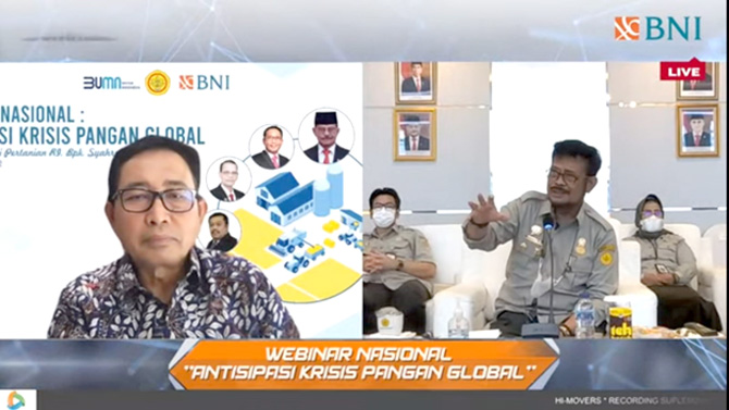 Menteri Pertanian Syahrul Yasin Limpo dan Direktur Hubungan Kelembagaan BNI Sis Apik Wijayanto Webinar Nasional: Antisipasi Krisis Pangan Global BNI Corpu, Kamis (21/7/2022). (DOKUMEN BNI FOR RADAR KUDUS)
