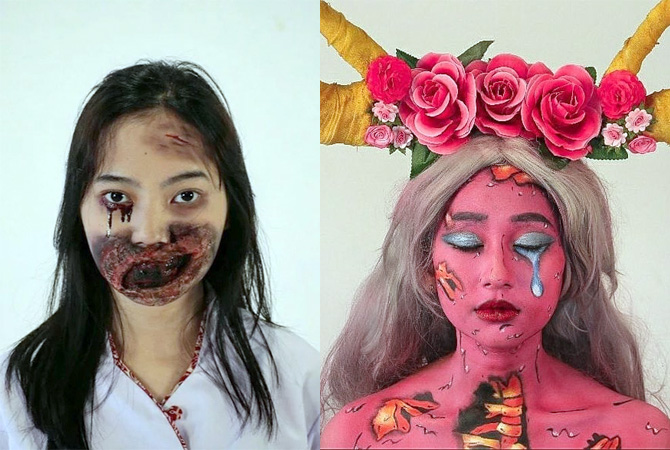 HANTU: Jeannie Gabriel Samvero membuat efek wajah modelnya seperti hantu dan pop art zombie. (JEANNIE G.S FOR RADAR KUDUS)