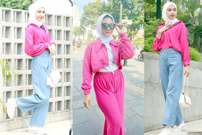 OUTFIT: Tampil energik dengan warna hot pink dan fuschia yang dipadukan dengan celana jin. (TATA CALISTA FOR RADAR KUDUS)