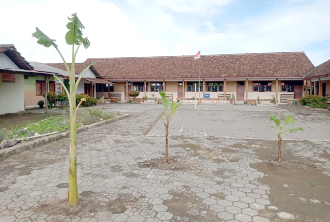 JADI KEBUN: Halaman SD Negeri 2 Dukuhseti ditanami pohon pisang pihak yang memiliki Sertifikat Hak Milik (SHM) lahan tersebut. (ACHMAD ULIL ALBAB/RADAR KUDUS