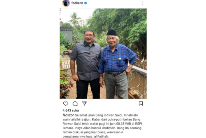 Fadli Zon (kiri) bersama budayawan Ridwan Saidi (kanan) semasa hidup. (Instagram @fadlizon)
