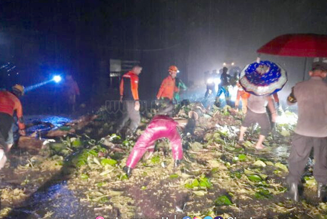 Petugas BPBD bersama sejumlah relawan saat mengevakuasi korban dan pohon tumbang di hutan Cagar Alam Darupono, Jalan Kaliwungu-Boja Rabu (28/12) malam. (Istimewa)