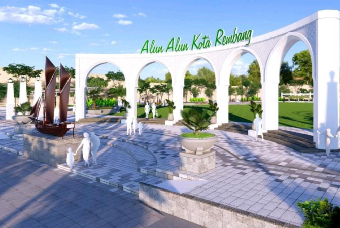 KEMBALI BERSOLEK: Desain gambar Alun-Alun Rembang ditambah ornamen kapal dan dua air mancur. (DPUTARU REMBANG FOR RADAR KUDUS)