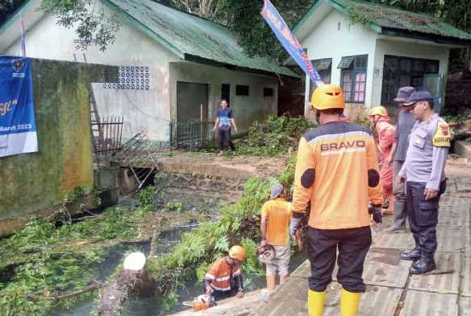 Petugas Polsek Mertoyudan bersama personel BPBD, Linmas, dan relawan melakukan penanganan dan membersihkan batang pohon yang tumbang Rabu (22/3). (Istimewa)