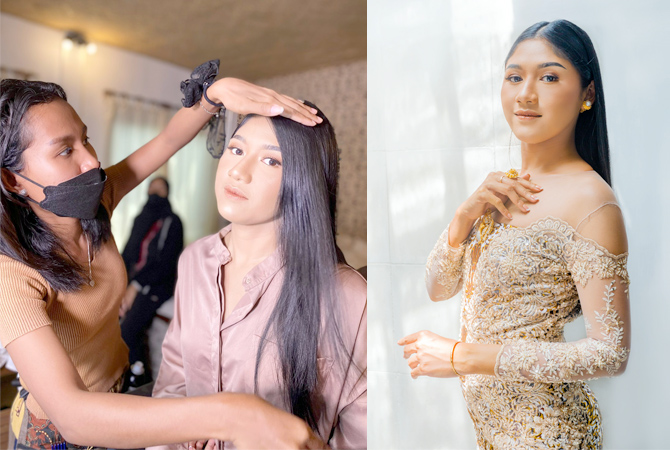 JELITA: Make Up Artis (MUA) Ulfa Novita (kiri) menata Erina Gudono (istri Kaesang Pangarep). (DOK PRIBADI)