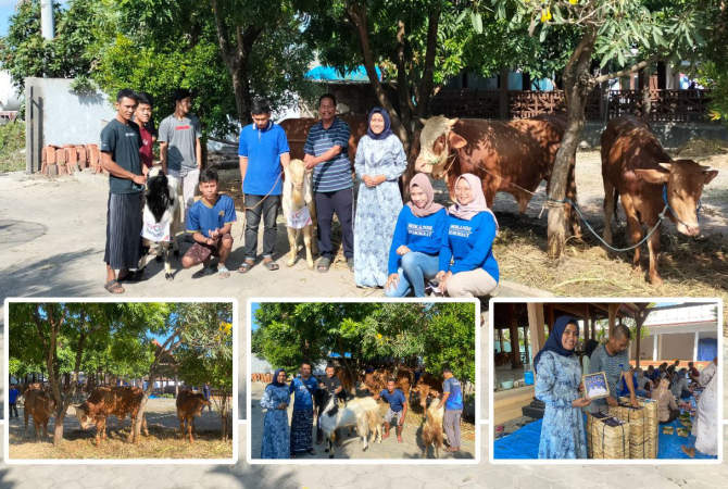 BAGIKAN: Anggota DPR RI  Harmusa oktaviani bersama ketua DPC Partai Demokrat Rembang, Harno membagikan ratusan paket daging kurban di momen Hari Raya Idul Adha 1444 H pada Kamis (29/6). (ISTIMEWA)