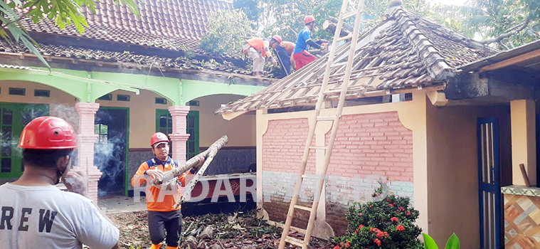 PERBAIKAN: Petugas BPBD Jepara membersihkan pohon tumbang yang menimpa atap rumah warga kemarin. (BPBD JEPARA UNTUK RADARPATI.ID)