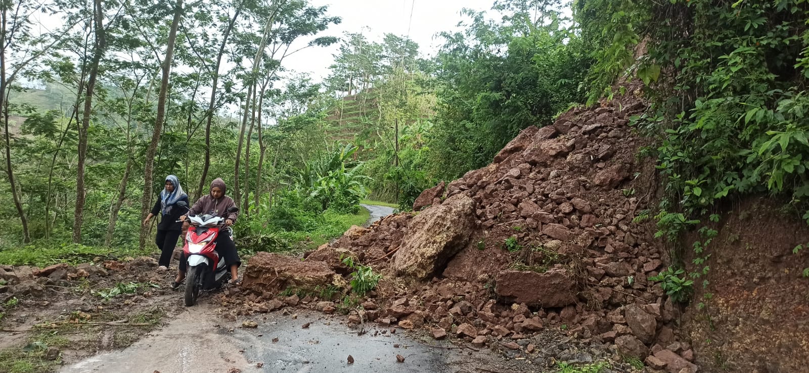 TERTUTUP: Pengendara motor mencoba melewati material longsor yang menutup akses utama ke Desa Blingoh, Donorojo, kemarin (7/2). (BPBD JEPARA UNTUK RADAR KUDUS)