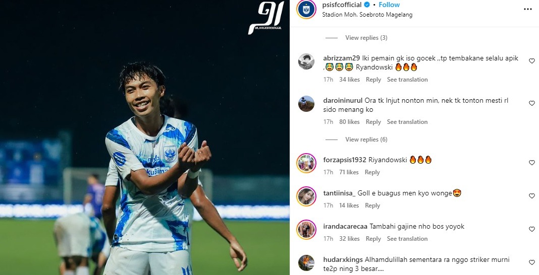 MENYALA : Penyerang sayap PSIS Semarang Ryan Ardiyansyah banjir pujian usai mengantarkan kemenangan 2 - 1 atas Persik Kediri.  (INSTAGRAM PSIS)