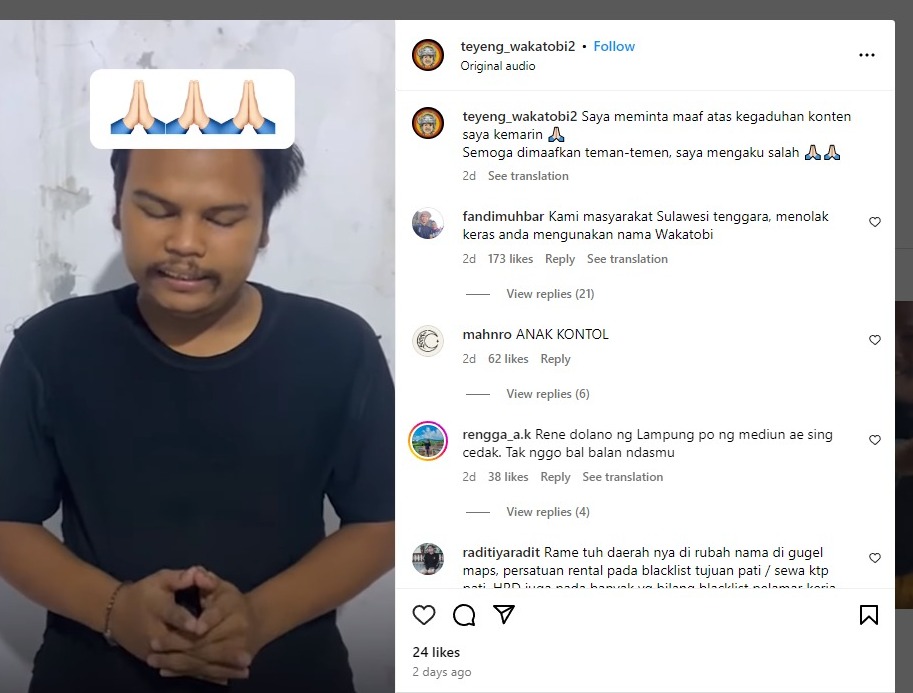 USAI PICU POLEMIK: Tangkapan layar video permintaan maaf dari content creator Teyeng Wakatobi yang diposting di Instagram. (TANGKAPAN LAYAR IG TEYENG WAKATOBI)