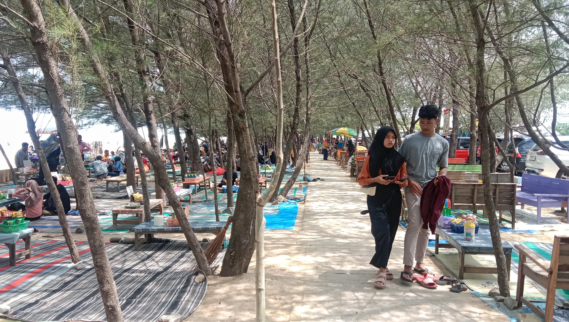 ADEM: Wisatawan berjalan di antara pohon cemara di Pantai Karangjahe, Desa Punjulharjo, Rembang. (VACHRI RINALDY L/RADAR KUDUS)