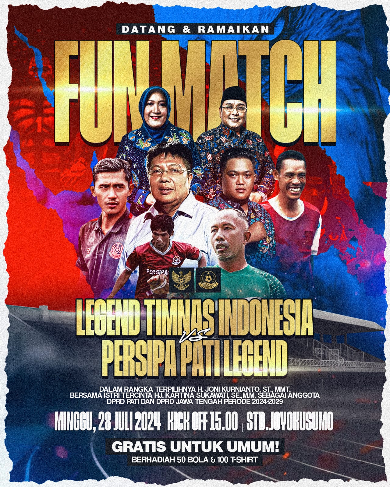 Flyer fun football syukuran bos Persipa Pati Joni Kurnianto mendatangkan legenda timnas Indonesia. (ISTIMEWA)