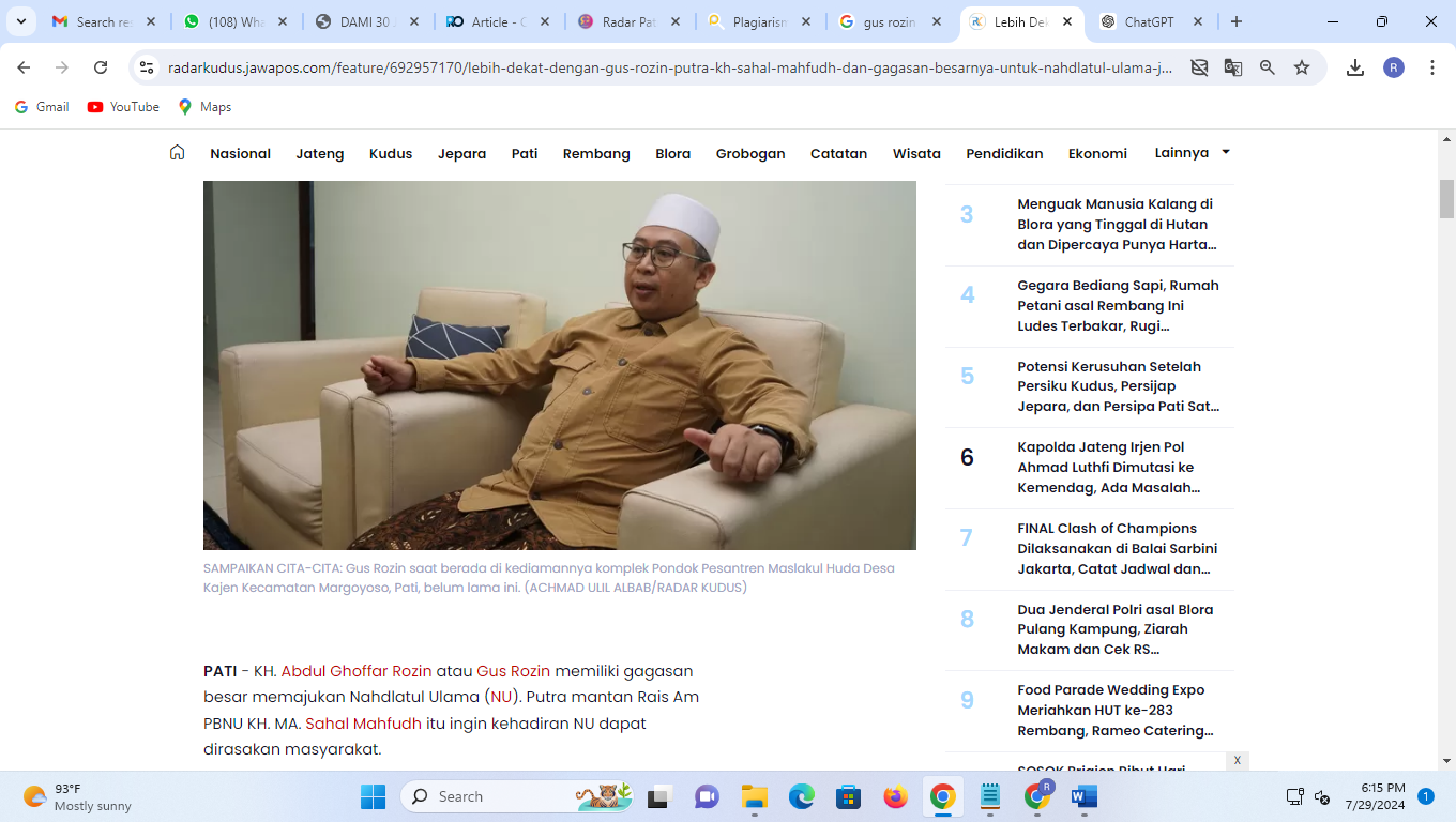 BAKAL DILANTIK: Ketua PWNU Jateng (terpilih) KH Abdul Ghoffar Rozin alias Gus Rozin (DOK RADAR KUDUS)
