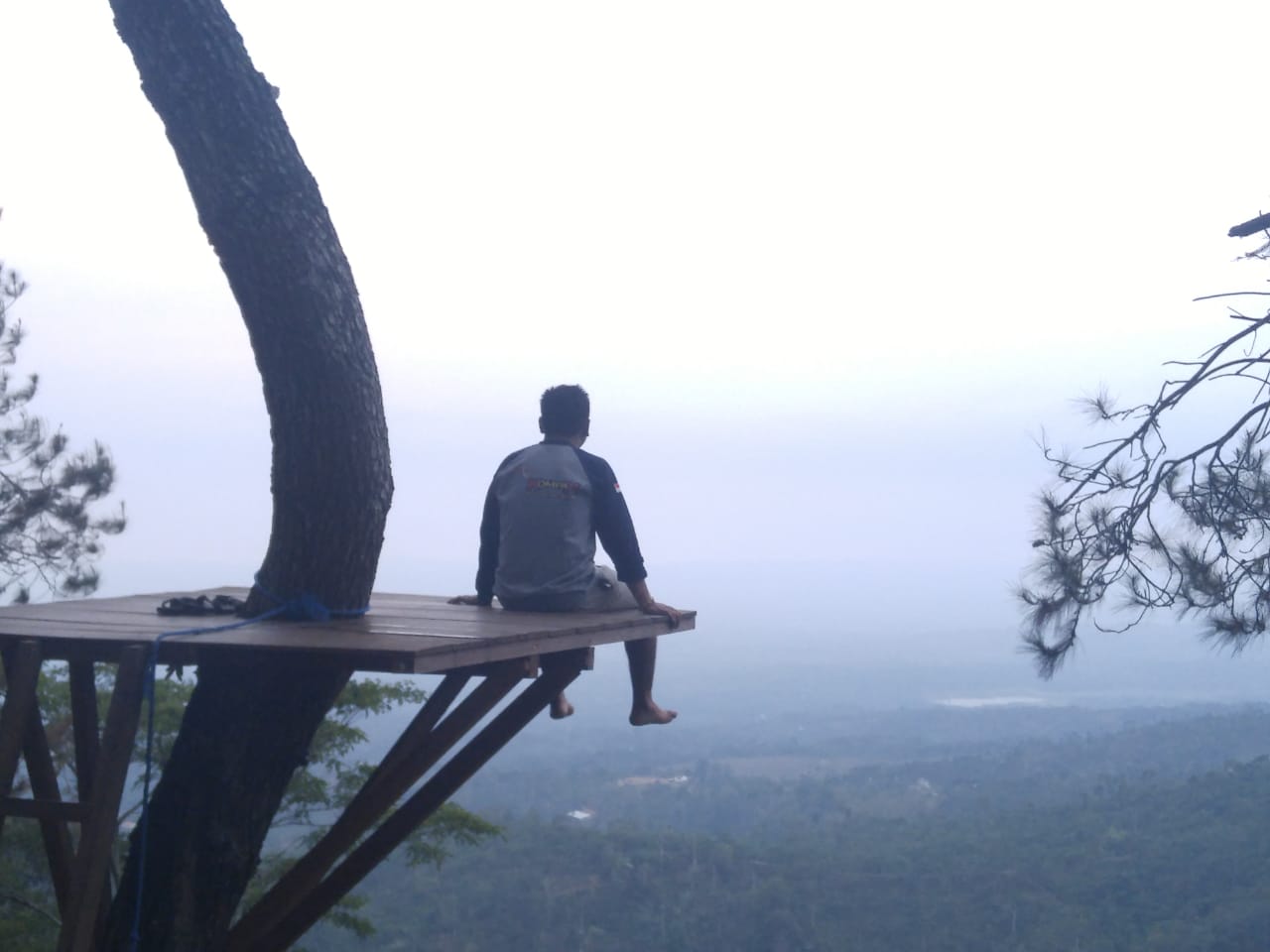 INDAH : Seorang pengunjung sedang menikmati view di kawasan hutan pinus Pangonan Gunungsari Pati. (JOURNALIST ADVENTURE UNTUK RADAR KUDUS)