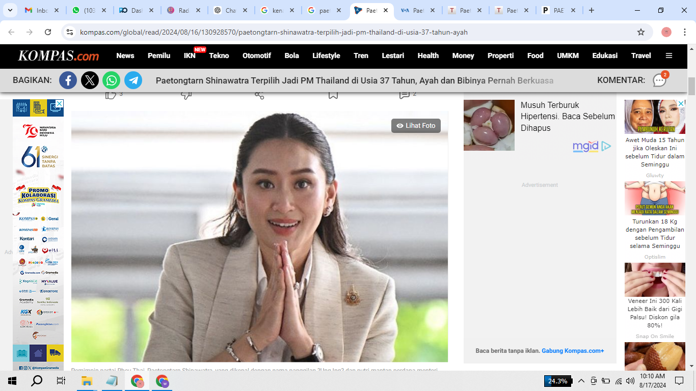 Paetongtarn Shinawatra terpilih sebagai perdana menteri Thailand. (sumber : AFP)