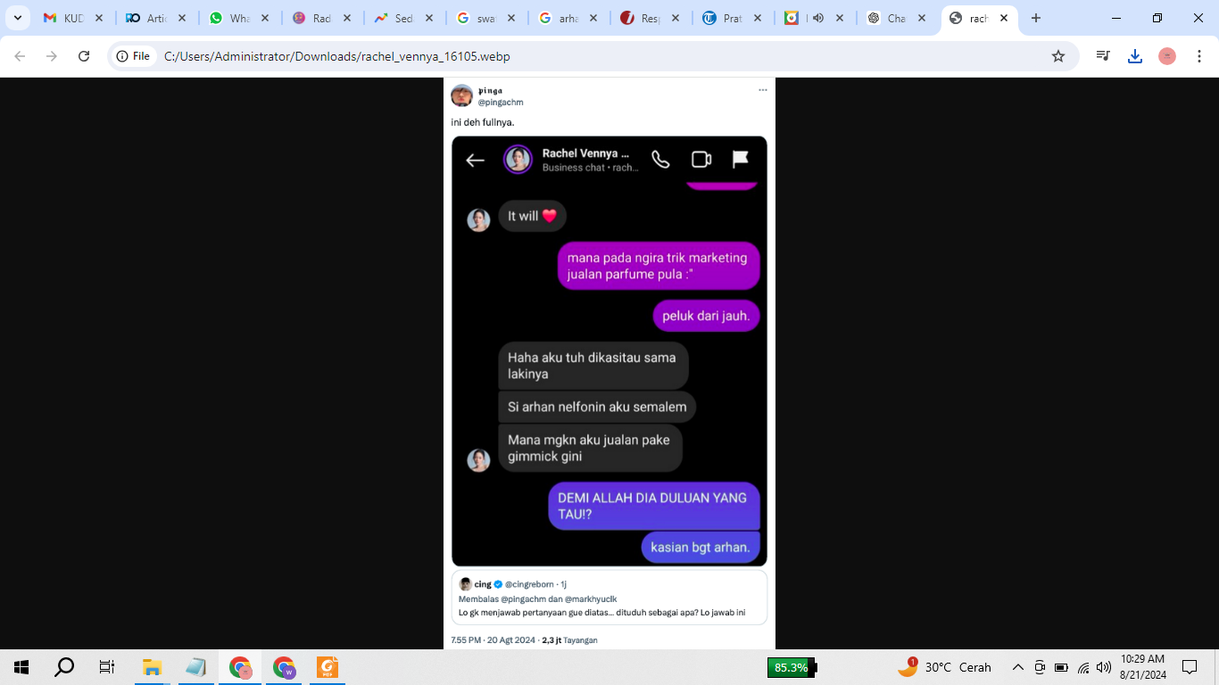 HEBOH: Tangkapan layar percakapan diduga dilakukan Rachel, teman dekat Azizah dan Arhan.