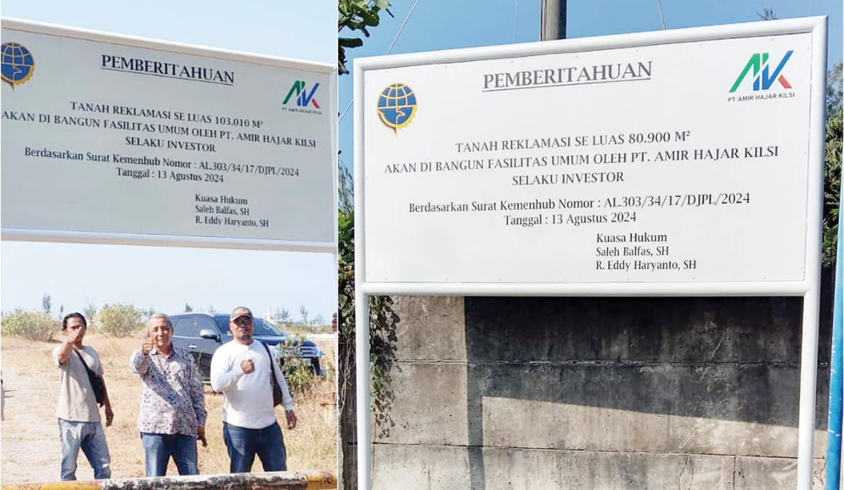 PEMBERITAHUAN: Karyawan PT AHK memasang papan pelaksanaan pembangunan fasilitas umum di pelabuhan Rembang Terminal Sluke kemarin.(WISNU AJI/RADARPATI.ID)