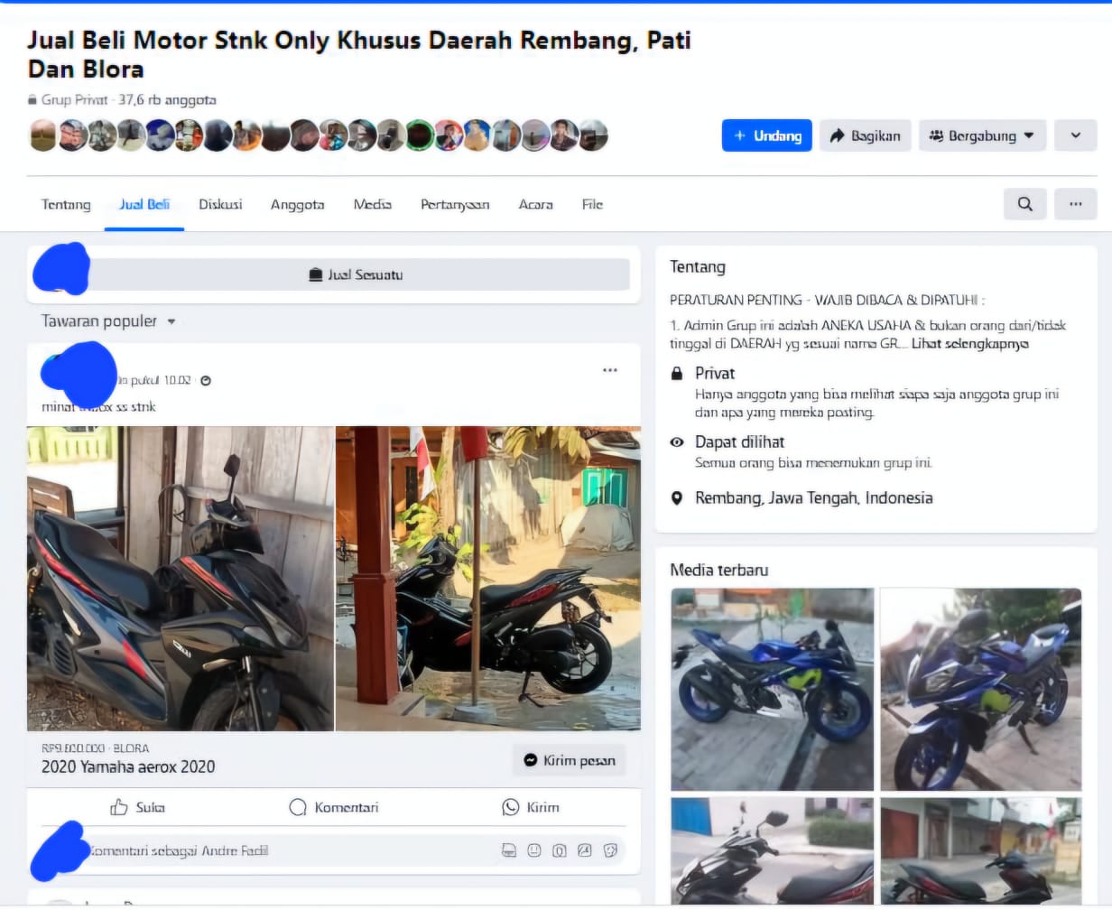 Tangkapan layar medsos jual-beli motor bodong