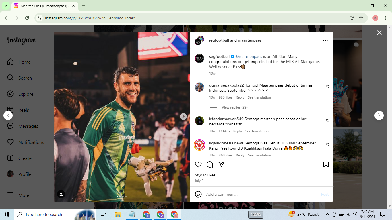 Kiper timnas Indonesia Maarten Paes. (IG Pribadi)