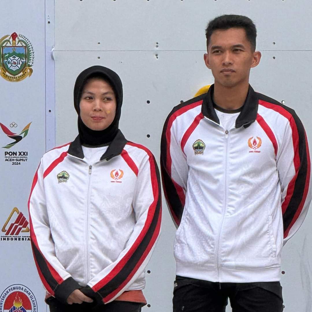 PRESTATIF: Berthdigna Devi Surya Kusuma dan Alfian Muhammad Fajri pemuda Blora peraih emas di PON XXI 2024 di Aceh dan Sumatera Utara pada cabor Panjat Tebing Speed Klasik. KONI BLORA UNTUK RADARPATI
