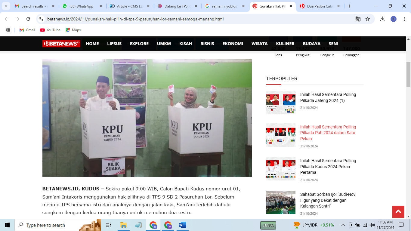Samani bersama istrinya menyalurkan hak pilih di TPS yang berlokasi di Desa Pasuruan Lor, Jati Kudus (27/11).