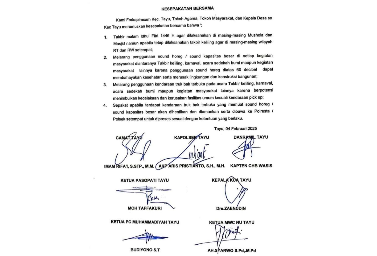 Dokumen Penandatanganan kesepakatan bersama pelarangan penggunaan sound horeg dalam event karanaval sedekah bumi, takbir keliling, maupun sedekah bumi.