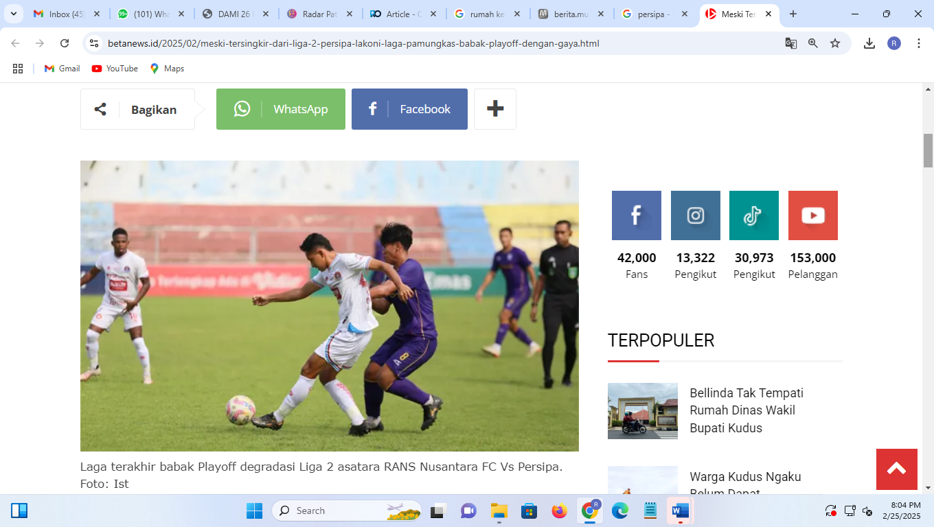 Persipa Pati menjalani laga melawan Rans FC Nusantara dengan kemenangan telak 5-0.