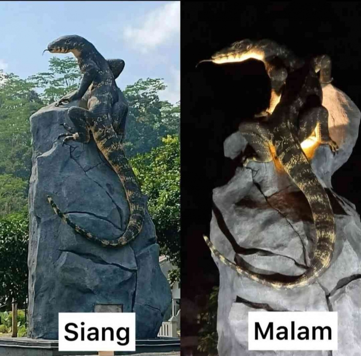 CANTIK : Penampakan Patung Biawak di Wonosobo Saat Siang dan Malam Hari