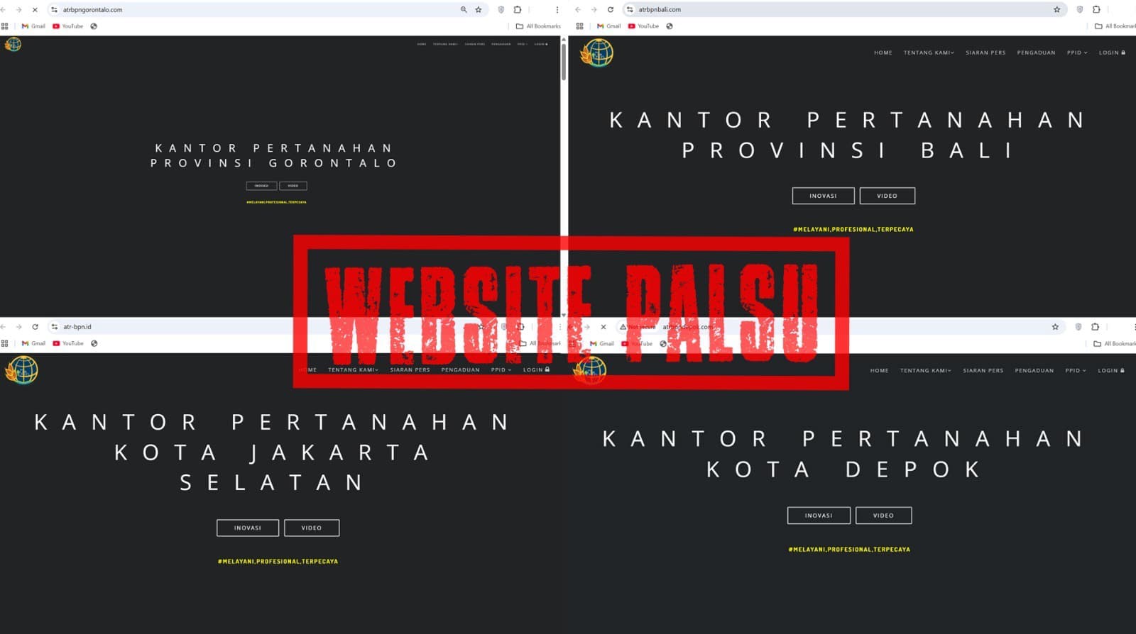 WASPADA: Contoh sejumlah website ATR/BPN yang palsu.
