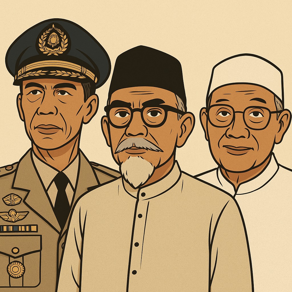 Ilustrasi Jenderal Hoegeng, Agus Salim, KH Idham Chalid. (ACHMAD ULIL ALBAB/AI)