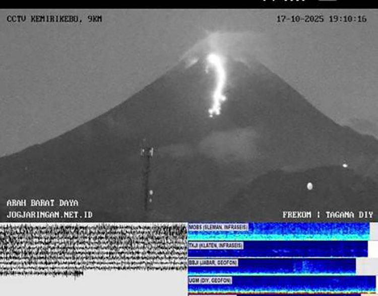 Merapi memijar! Guguran lava terpantau jelas tadi malam pukul 21.19 WIB. Warga lereng Merapi di DIY-Jateng, WASPADA! Status SIAGA (Level 3) tetap berlaku. (tangkapan layar cctv)