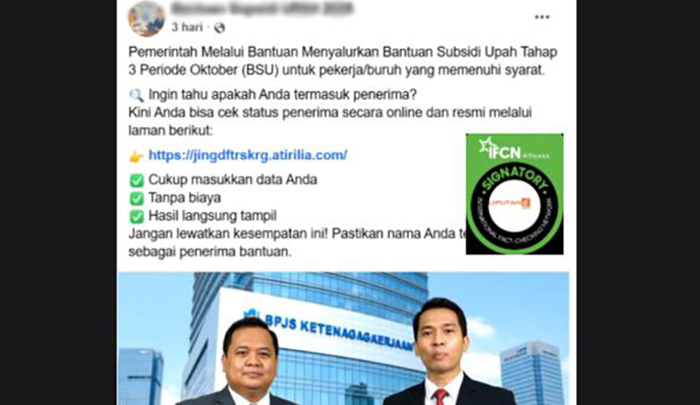 Klaim link untuk mengecek penerima Bantuan Subsidi Upah (BSU) periode Oktober di Facebook.