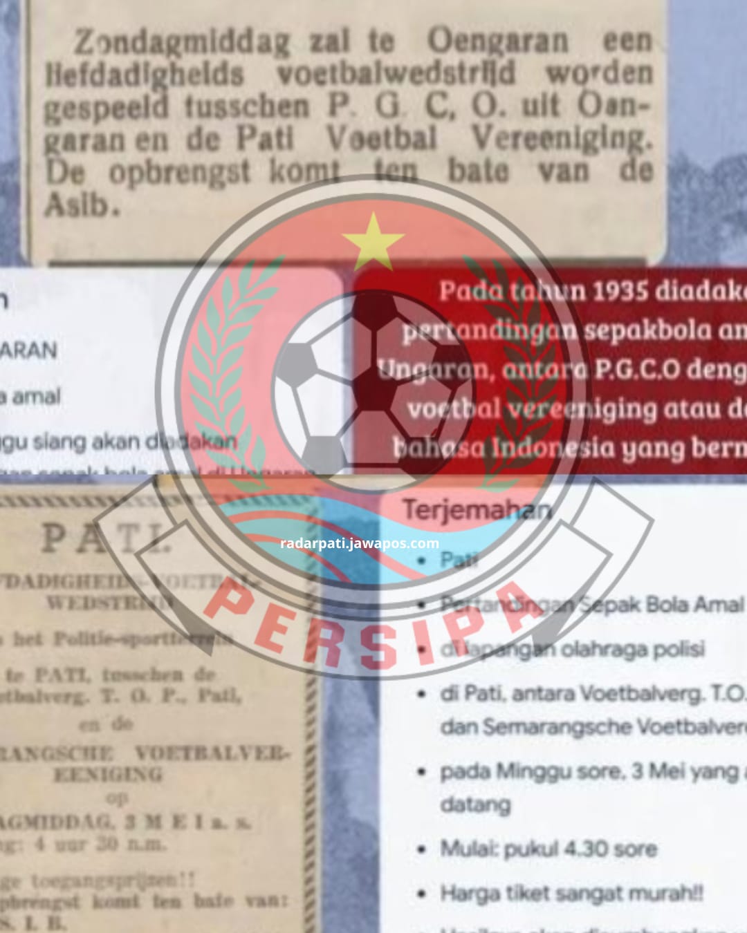 Arsip pemberitaan zaman Hindia Belanda yang memberitakan tim sepakbola Pati Voetbal Vereeniging. (KOLASE RADAR PATI)