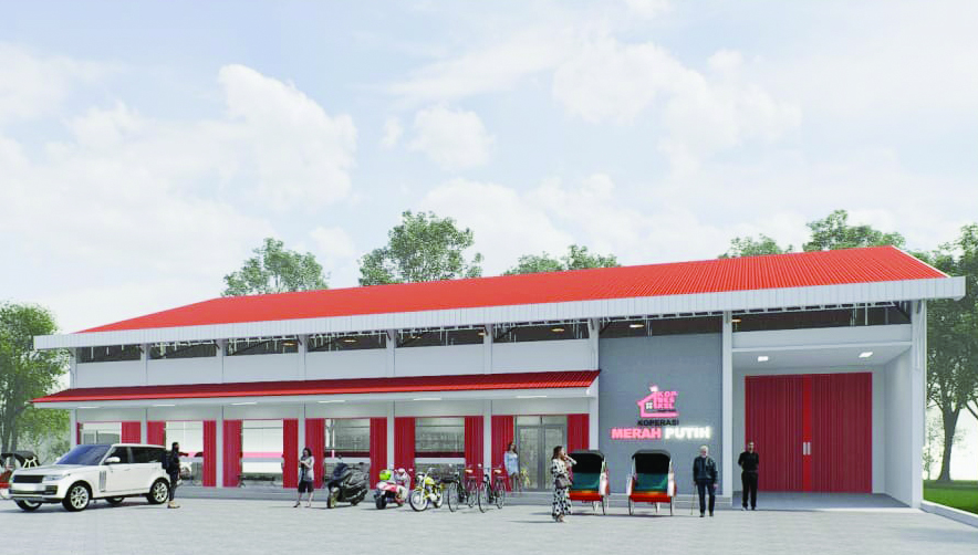 RENCANA DESAIN: Ilustrasi desain 3D Koperasi Desa/Kelurahan Merah Putih (KDKMP) yang akan segera dibangun di 196 titik lokasi di Kabupaten Rembang. (WISNU AJI/RADAR PATI)