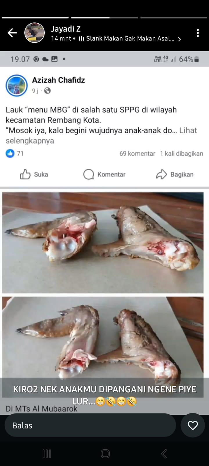 JADI SOROTAN: Postingan warga bernama Azizah Chafidz tentang menu MBG ayam yang diduga sudah busuk menuai sorotan masyarakat Rembang.(TANGKAPAN LAYAR HANDPHONE)