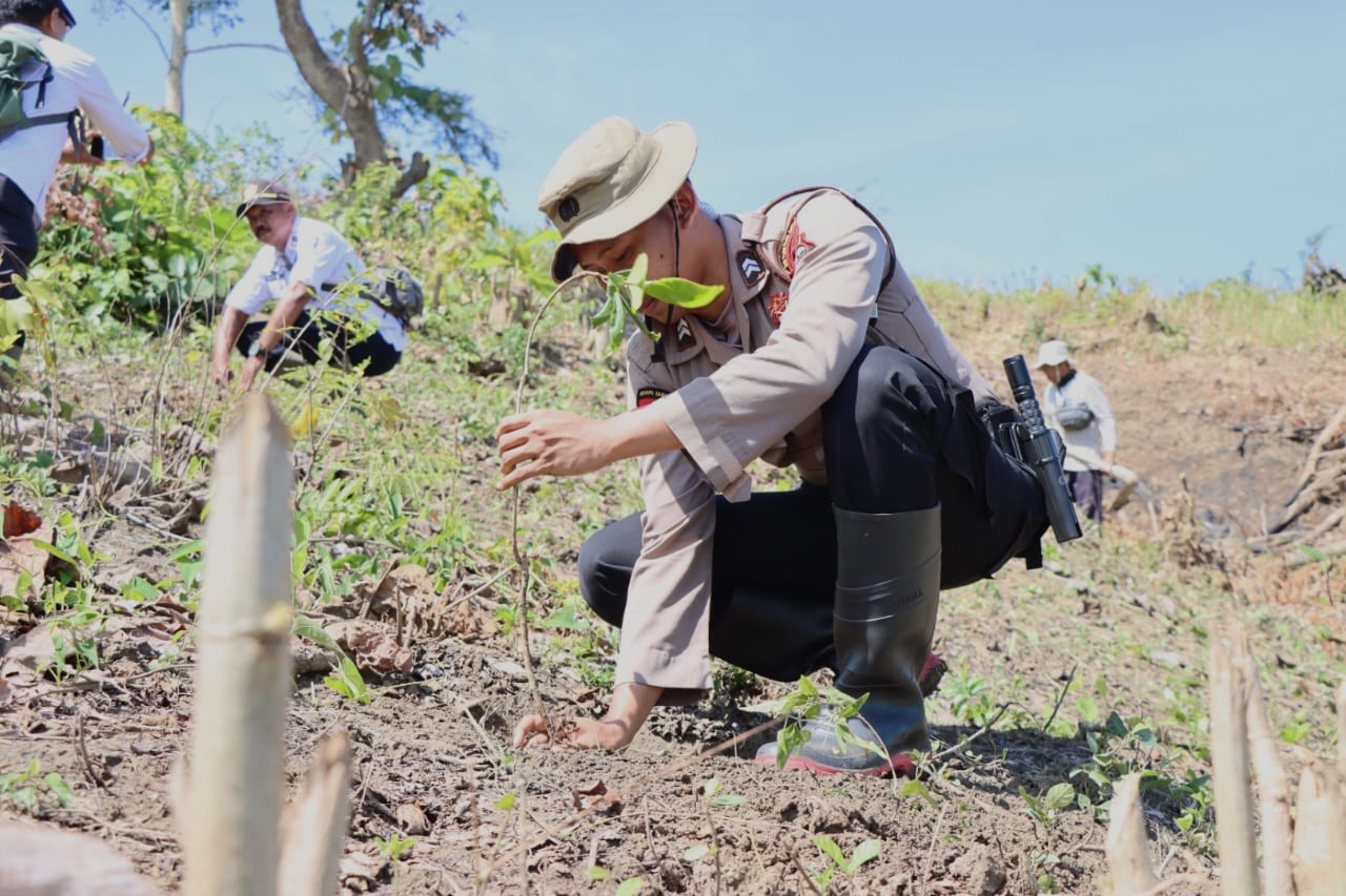 Personel Polresta Pati menanam ribuan bibit pohon di kawasan hutan Desa Guyangan Winong Pati. (DOK POLRESTA PATI)