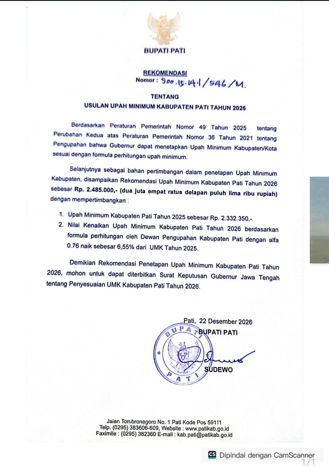 Rekomendasi Bupati Pati terkait usulan kenaikan Upah Minimum Kabupaten Pati tahun 2026.