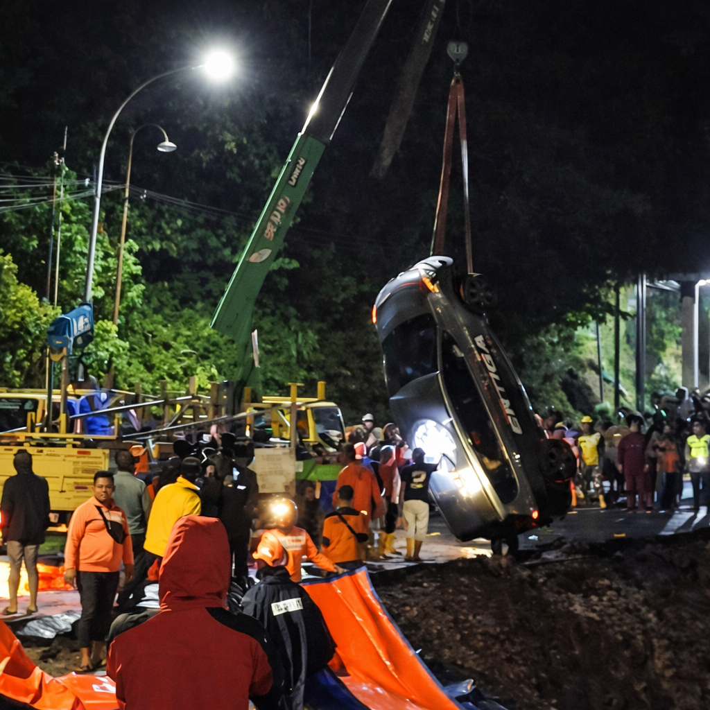 Proses evakuasi mobil Suzuki Ertiga yang terperosok ke jurang di bawah jembatan portal Colo Muria, Kudus pada Jumat (9/1) malam.