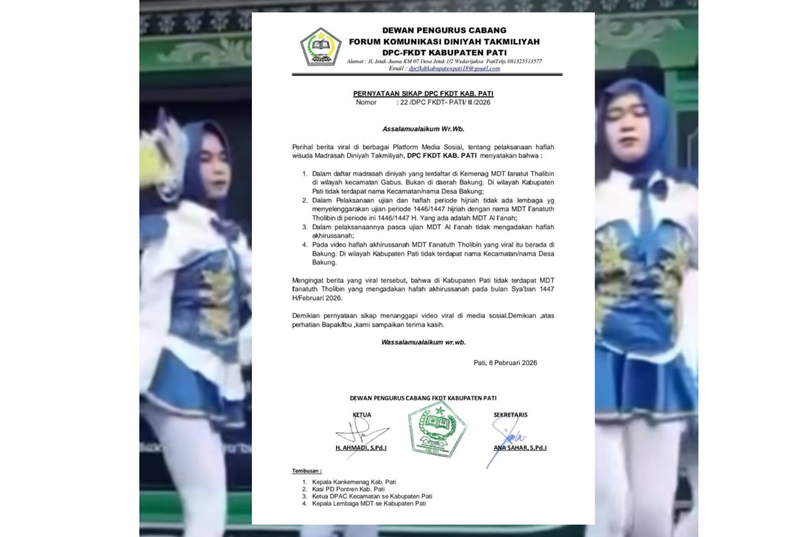 Pernyataan sikap dari Forum Komunikasi Diniyah Takmiliyah Kabupaten Pati soal joget mayoret viral. (ISTIMEWA)
