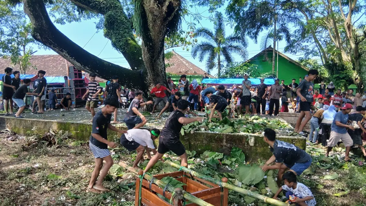 RIUH: Warga Desa Jiken, Kecamatan Jiken saat berebut dan melempar nasi berkat dalam tradisi Sawuran Sedekah Bumi yang dilaksanakan pada Minggu (29/03). (EKO SANTOSO/RADAR PATI)