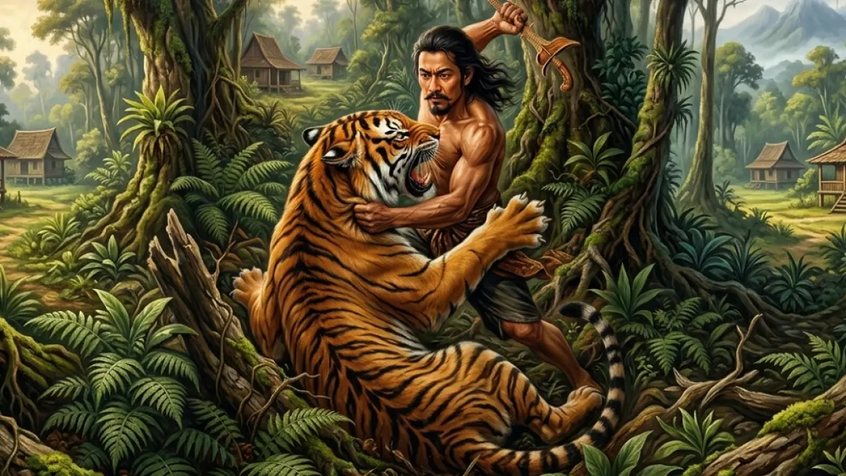 Saridin bertarung dengan harimau jadi-jadian di kebun durian. (AI/ABDUL ROCHIM/RADAR PATI)