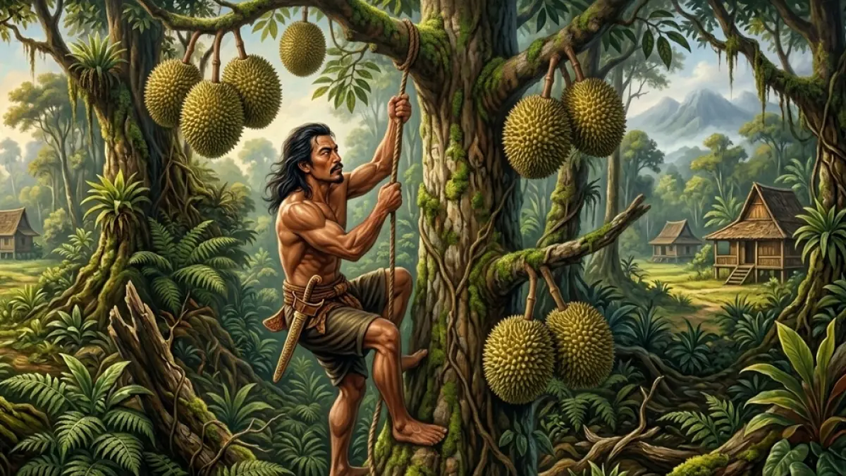 Saridin mengunduh durian di kebun. (AI/ABDUL ROCHIM/RADAR PATI)